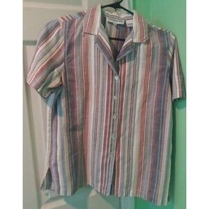 Cathy Daniels Button Up Blouse Small  Striped Cotton Short Sleeve Casual Top